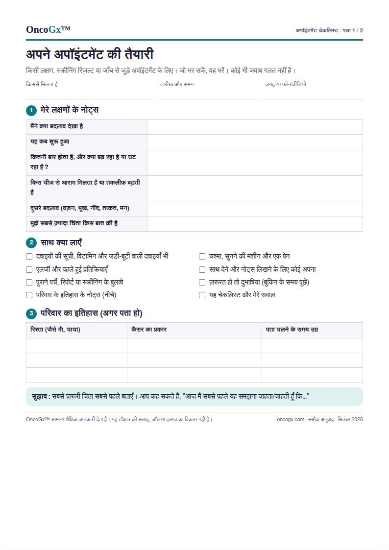 First page of Patient appointment checklist (Hindi)