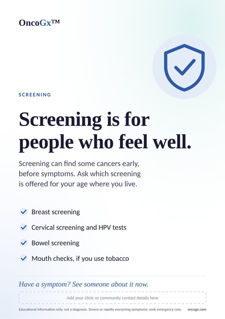 Poster: Screening is for people who feel well. Have a symptom? Do not wait for a screening invitation.